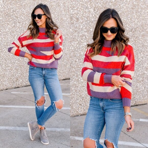 Abstract Retro Striped Oversized Wool Long Sleeve Sweater Top Large - Picture 1 of 7
